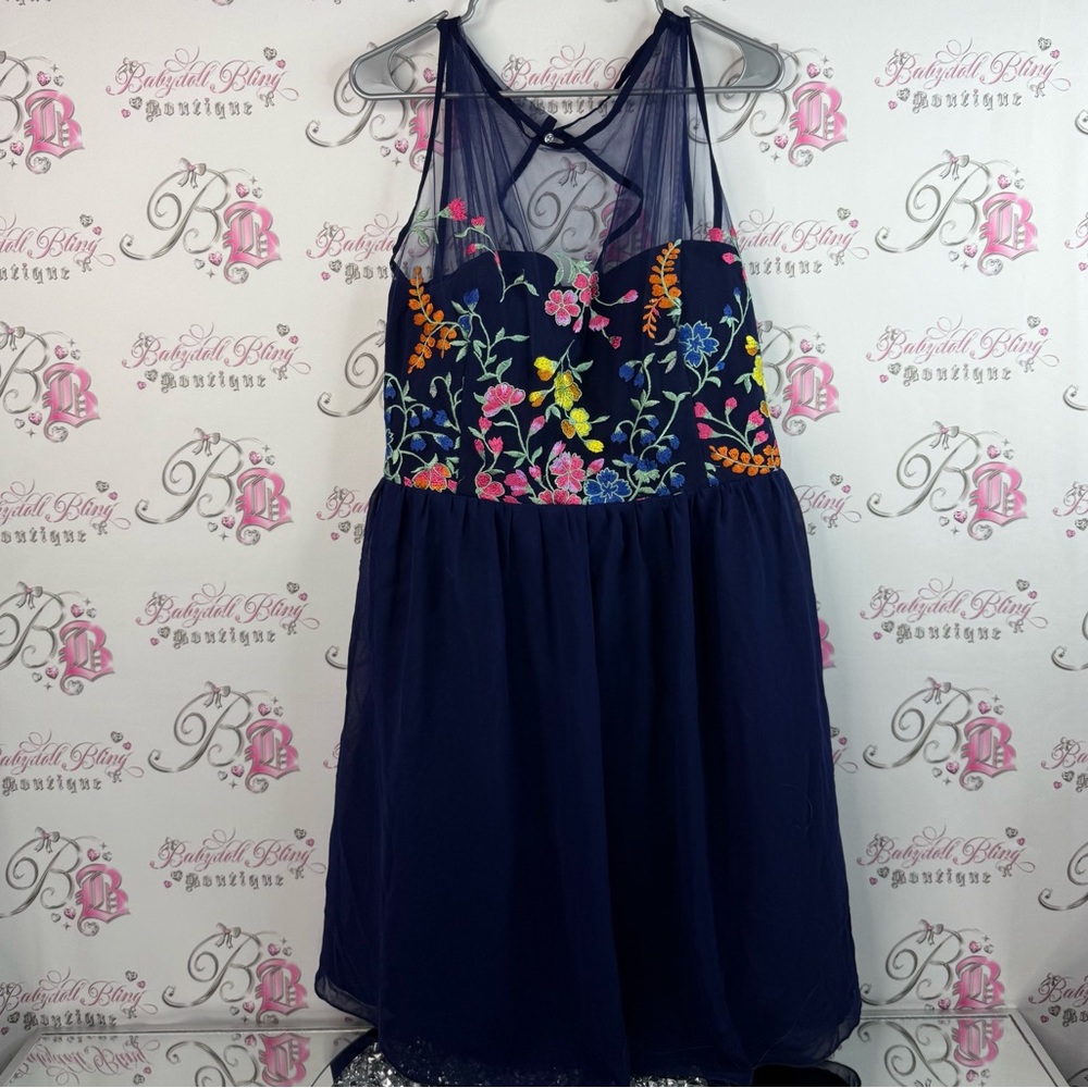 Little Miss dress embroidered floral flowers mesh Navy Blue Floral Dress